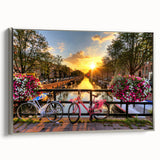 Landscape art painting of Amsterdam canals in muted colors on a framed canvas, ideal for living room decor.