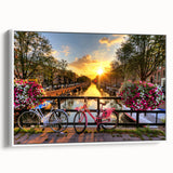 Vintage poster art of Amsterdam scenery in vibrant colors on extra large framed canvas, suitable for living room decor.