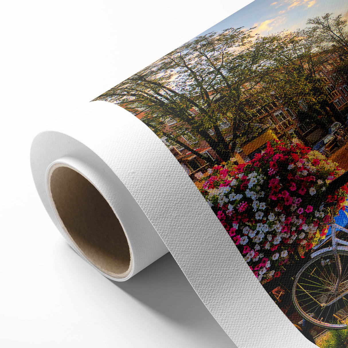 Art Deco style poster of Amsterdam scenery on rolled canvas, featuring muted earth tones, ideal for nursery wall art.