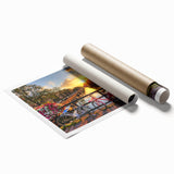 Rolled canvas print of Amsterdam scenery featuring floral accents in soft pastel hues, ideal for classy bathroom wall art.