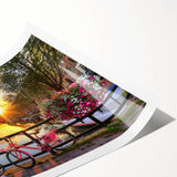 Extra large rolled print featuring line art flowers and Amsterdam scenery in muted colors.