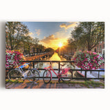 Black and white photo of Amsterdam canal on stretched canvas, ideal for kitchen wall art or bedroom ambiance.