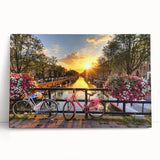 Black and white photo of Amsterdam canals on large stretched canvas, ideal for kitchen wall art.