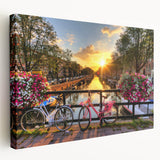 Amsterdam canal scene on stretched canvas, featuring muted earth tones and vintage style, suitable for kitchen wall art.