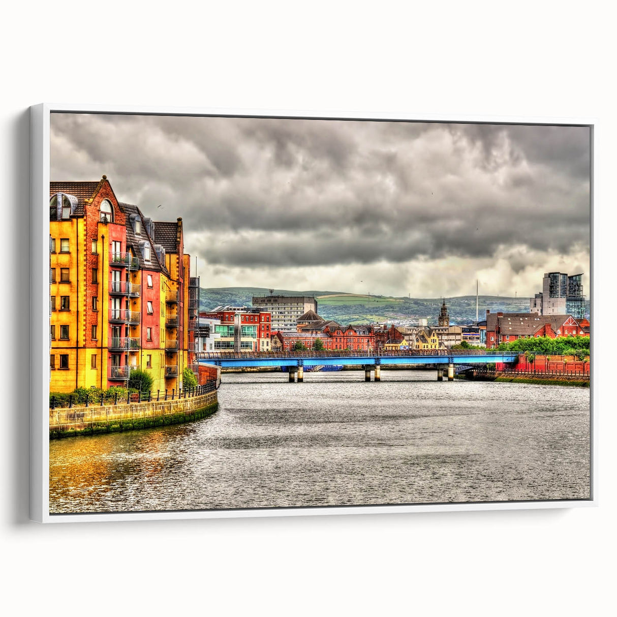 Vintage poster art of a Northern Ireland landscape in vibrant colors on a framed canvas, suitable for living room decor.