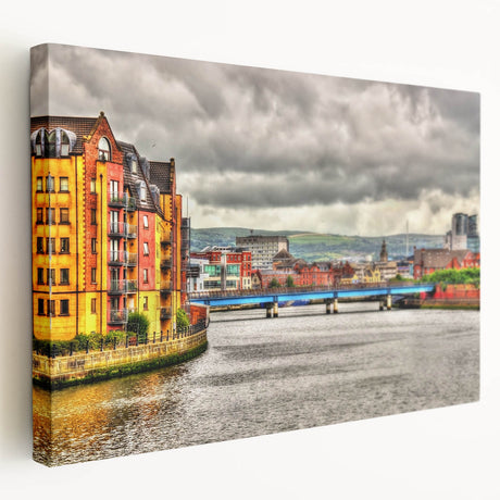 Northern Ireland scenic landscape on large stretched canvas, featuring lush greens and blues, ideal for kitchen wall art.