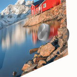 Large abstract wall art depicting a scenic Norwegian landscape in muted earth tones on acrylic glass.