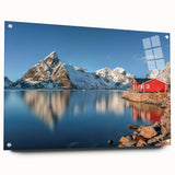Acrylic glass print of a Norwegian landscape, featuring muted blue and green tones, ideal for dining room decor.