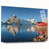 Acrylic print of a serene Norwegian landscape in muted green and blue tones, ideal for bedroom or dining room art.