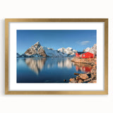 Abstract art print of a European Norwegian landscape in muted earth tones on a framed canvas, suitable for dining room decor.