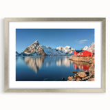 Extra large abstract art print of a textured Norwegian landscape, in muted earth tones, framed in silver.