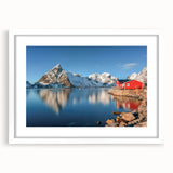 Abstract textured art print depicting a serene Norwegian landscape in muted blues and greens, framed with a white mat.