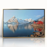 Art deco poster featuring a serene Norway landscape in muted green and blue hues, framed acrylic.