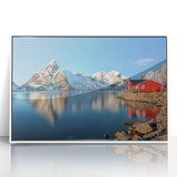 Mid-century modernist art of a European Norway landscape in muted earth tones, acrylic framed, suitable for nursery wall art.