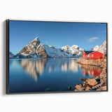 Black and white framed canvas of a vintage-style Norwegian landscape, ideal for bedroom wall decor.