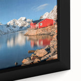 Extra large framed canvas of a textured European Norway scenery in black with colorful accents.