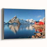 Framed canvas depicting a vintage-style landscape painting of a Norwegian scenery, featuring muted earth tones.