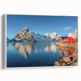 Vintage poster art of a scenic Norwegian landscape on a framed canvas, featuring vibrant colors, ideal for living room decor.