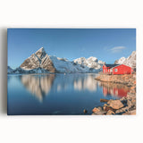 Black and white photograph of a Norwegian landscape on stretched canvas, ideal for kitchen wall art.