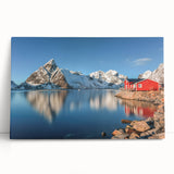 Black and white photograph of a Norwegian landscape on large stretched canvas, suitable as kitchen wall art.