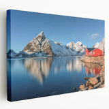 Panoramic view of a Norwegian fjord on stretched canvas, featuring serene blue and green tones, ideal for kitchen wall art.