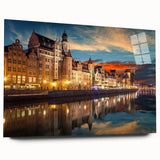 Large abstract wall art of a European scenery in muted earth tones on acrylic glass, ideal for bedroom or dining room decor.