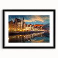 Extra large abstract art print of a colorful European scenery on a textured canvas, framed in black.