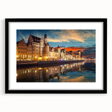 Extra large abstract art print of a colorful European scenery on a textured canvas, framed in black.