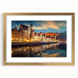Abstract art print of a European cityscape in muted earth tones on a framed gold mat, ideal for dining room decor.