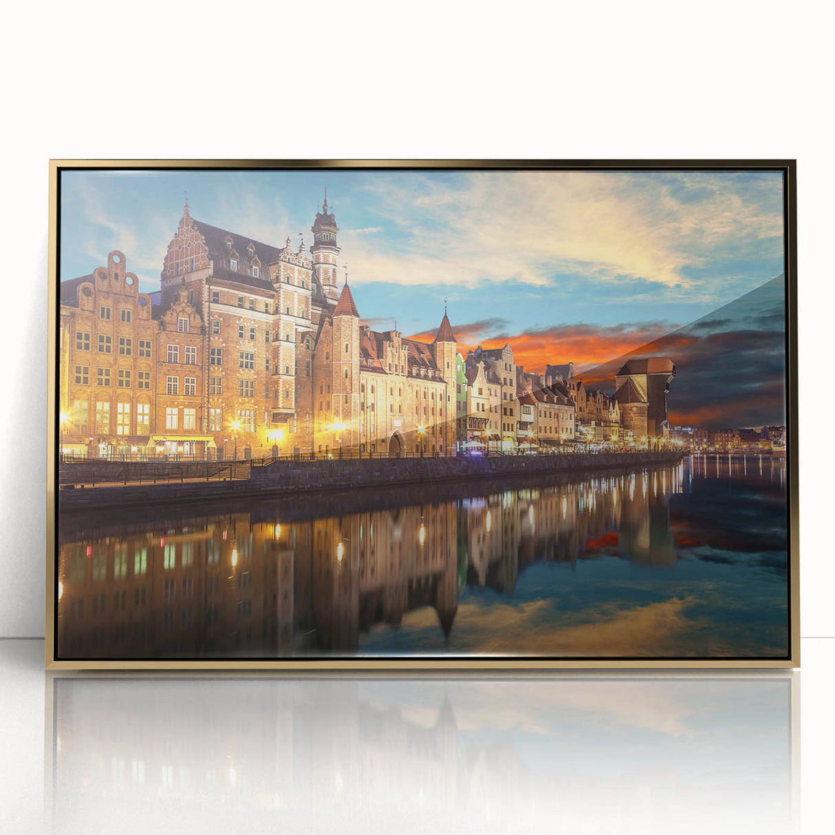 Art Deco style poster of a European cityscape in muted gold and gray tones on acrylic, ideal for modern art wall decor.