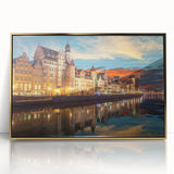 Art Deco style poster of a European cityscape in muted gold and gray tones on acrylic, ideal for modern art wall decor.