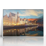 Mid-century modernist art depicting a European scenery, framed acrylic with muted earth tones, ideal for nursery wall decor.