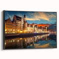 Black and white framed canvas depicting a vintage European landscape, ideal for bedroom wall decor.