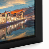 Black wall art featuring a textured European cityscape in colorful art style on an extra-large framed canvas.
