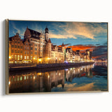 Framed canvas depicting a vintage-style Polish landscape in muted gold and black tones, ideal for bedroom wall decor.