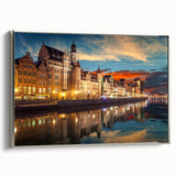 Framed canvas featuring a vintage-style landscape painting of a Polish scenery in muted silver and black tones.