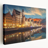 European cityscape in muted earth tones on a large stretched canvas, suitable for kitchen wall art.