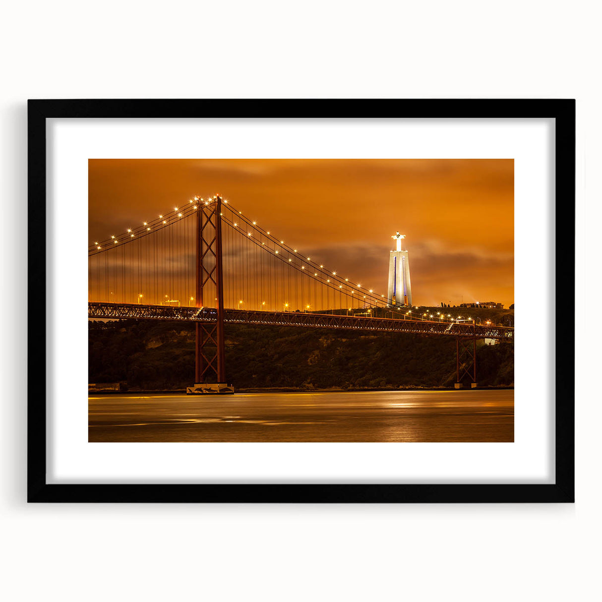 Extra large abstract art print of Lisbon scenery in vibrant colors on a textured canvas, framed in black.