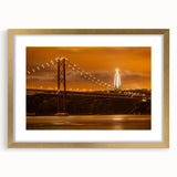 Abstract art print of Lisbon's cityscape in gold frame, featuring muted earth tones, ideal for dining room decor.
