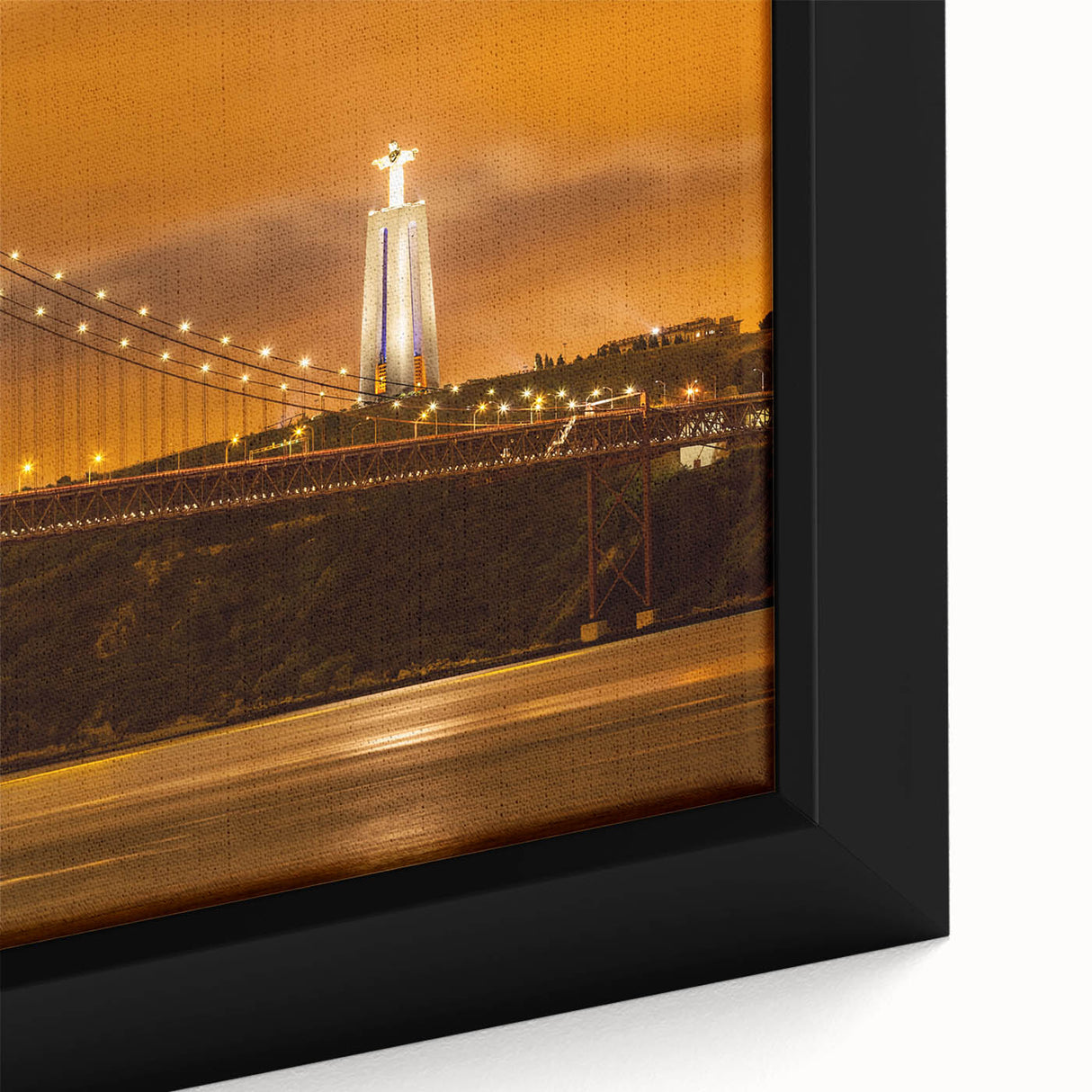 Black wall art featuring a textured Lisbon cityscape in colorful hues on a framed canvas, ideal for living room decor.