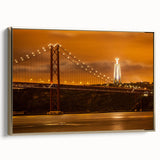 Framed canvas of a vintage-style Lisbon landscape in black and gold tones, ideal for bedroom wall art.