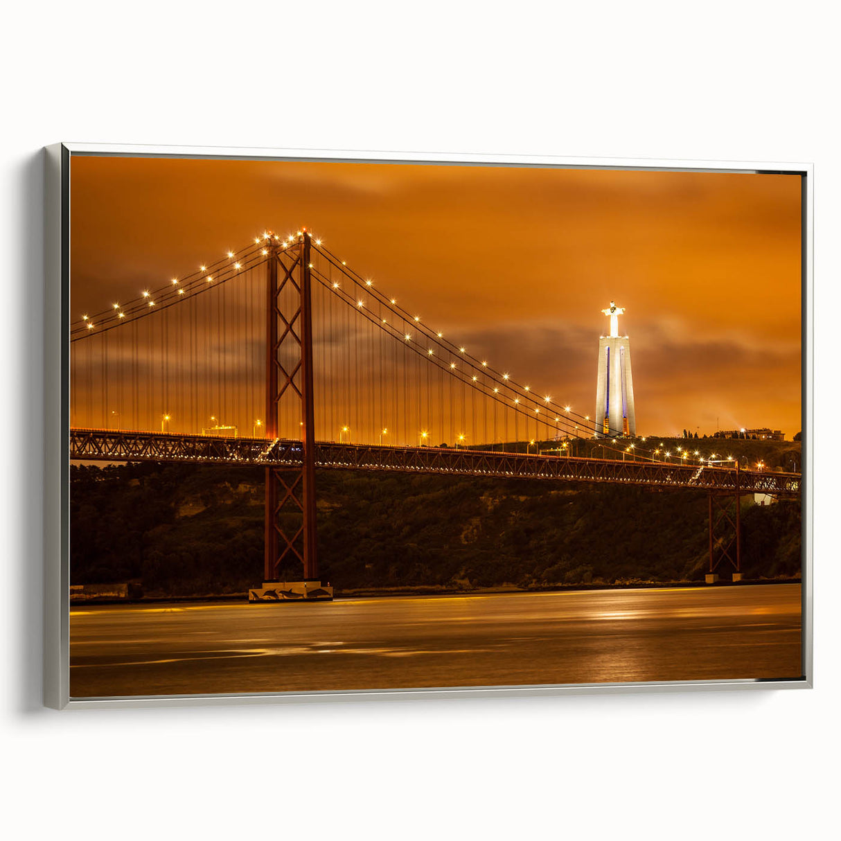 Framed canvas depicting a vintage-style Lisbon landscape in vibrant colors, ideal for living room decor.