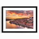 Abstract art print of Porto scenery in vibrant colors on a textured, extra large canvas, framed in black.