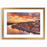 Abstract art print of Porto, Portugal in gold frame, featuring muted earth tones, ideal for dining room decor.