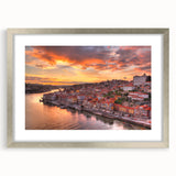 Extra large wall art featuring an abstract portrayal of Porto, Portugal in textured blues and whites, framed in silver.