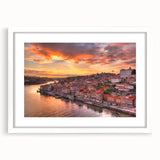 Textured art print of Porto scenery in abstract style with soft blue and white tones on a framed white mat.