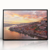 Large abstract wall art depicting Porto's landscape in muted blues and grays on framed acrylic.