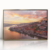 Art Deco poster of Porto, Portugal in acrylic, framed in gold, showcasing vibrant blue and yellow tones.