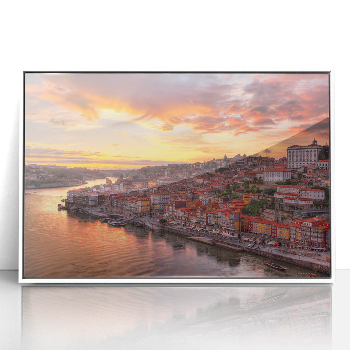 Mid-century modernist art depicting Porto, Portugal, with vibrant blue and white tones on a framed acrylic print.