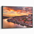 Black and white framed canvas featuring a vintage-style Porto landscape, ideal for bedroom wall decor.